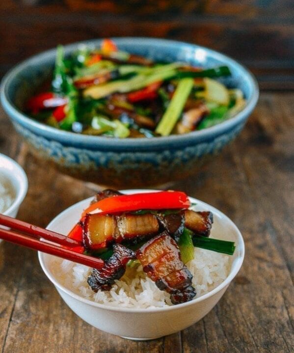 Cured Pork Belly Stir-fry with Leeks, by thewoksoflife.com