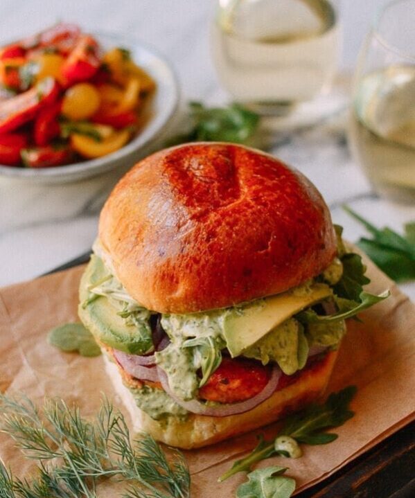 Green Goddess Salmon Burgers, by thewoksoflife.com